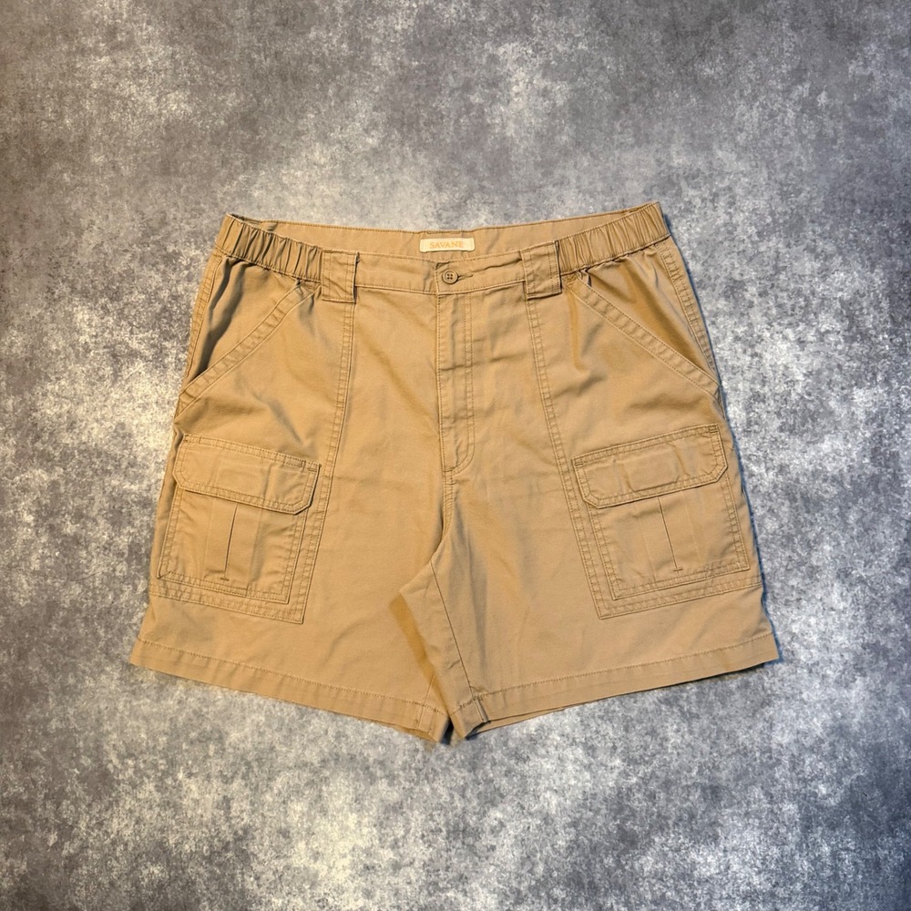 Savane Mens Front Cargo Shorts Khaki Tan Size W38 Elastic Waist Cotton Blend